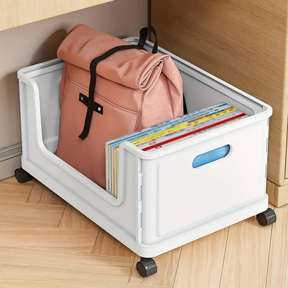 Under Desk Book Storage Box with Wheels Movable Classroom Student Organiser Rack - White