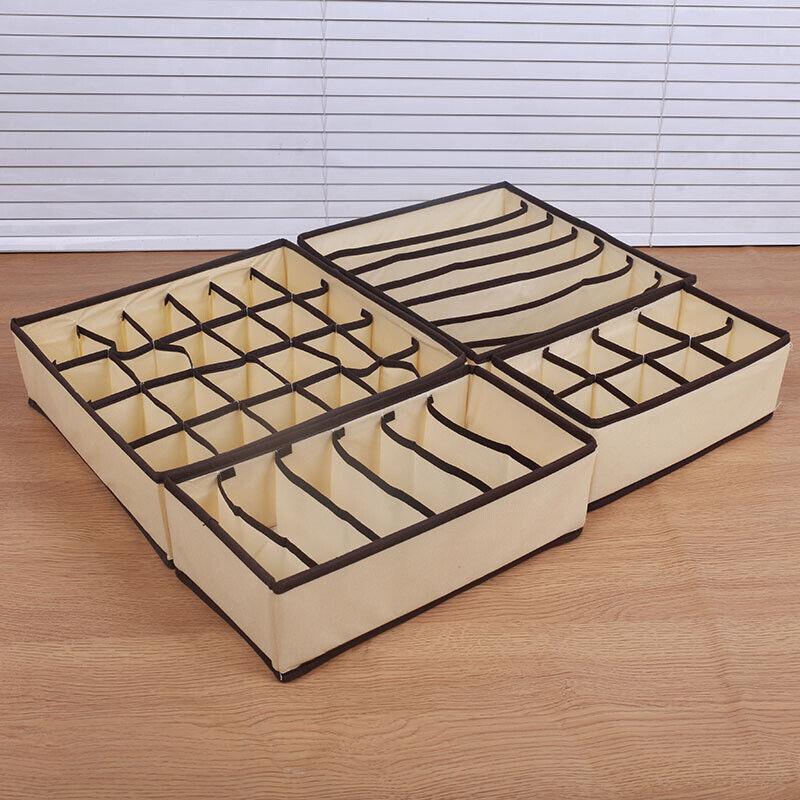 Drawer Organizer Set Foldable Storage Box Divider for Bra Underwear Closet 4pcs - Beige