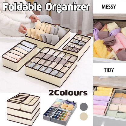 Drawer Organizer Set Foldable Storage Box Divider for Bra Underwear Closet 4pcs - Grey