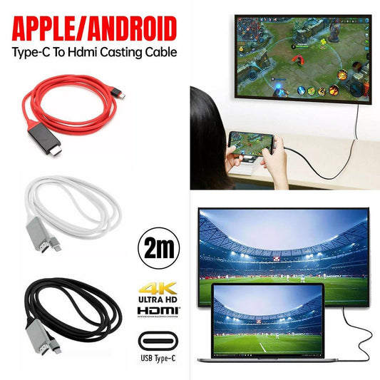 2M USB C Type-C to HDMI Digital TV Adapter Cable For Android Mobile Phone Tablet - Red