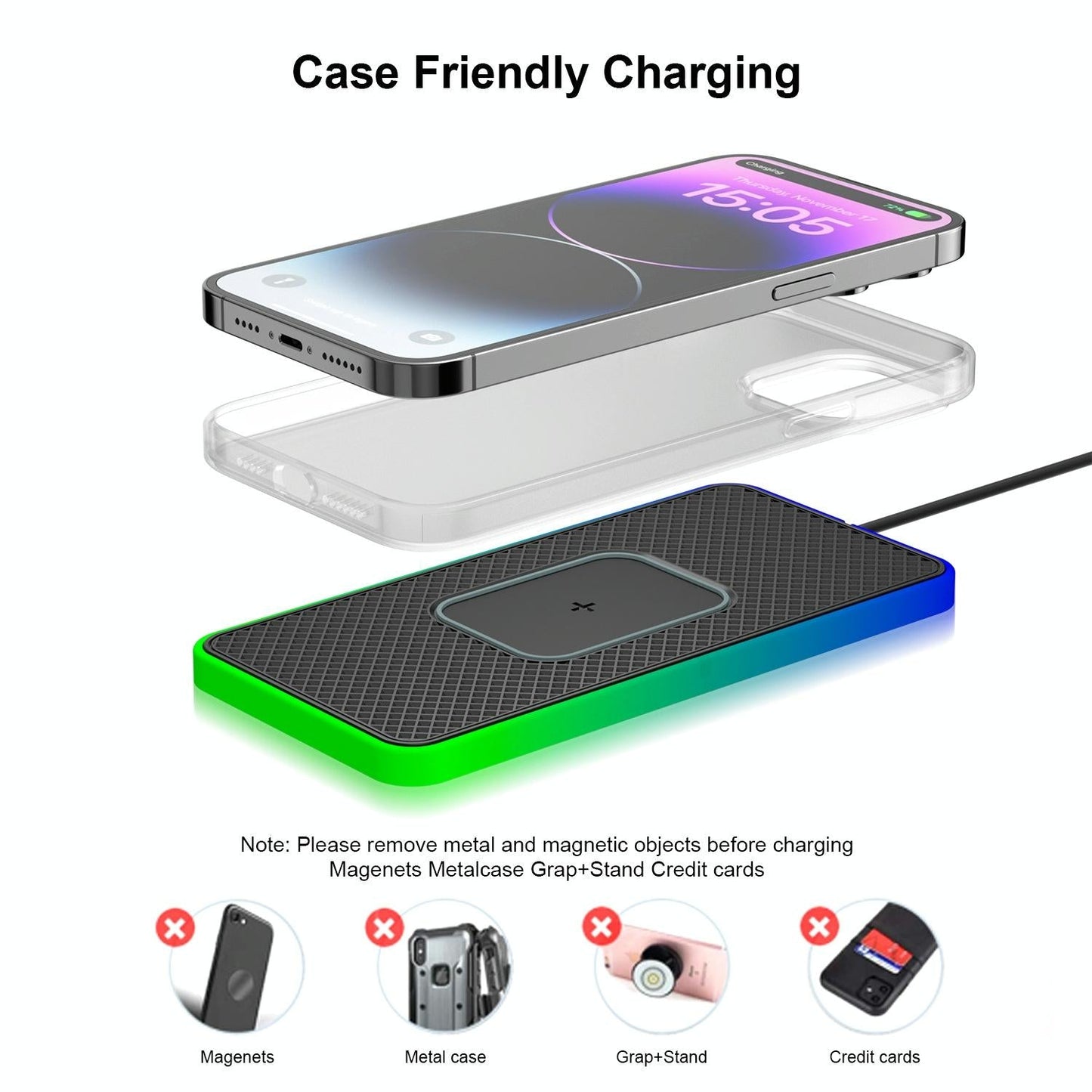 15w 2-in-1 Car Wireless Charger with Non-slip Mat and Colourful Light - 0.3m Usb Cable - Usb Cable 0.3M