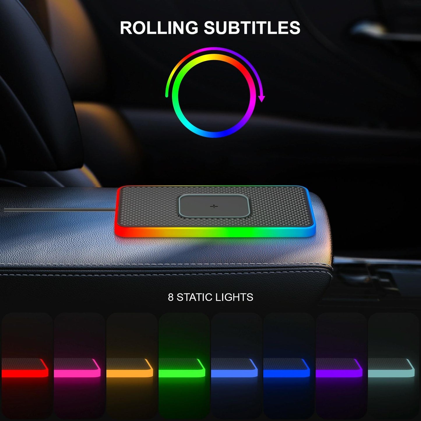 15w 2-in-1 Car Wireless Charger with Non-slip Mat and Colourful Light - 0.3m Usb Cable - Usb-C/Type-C Cable 0.3M
