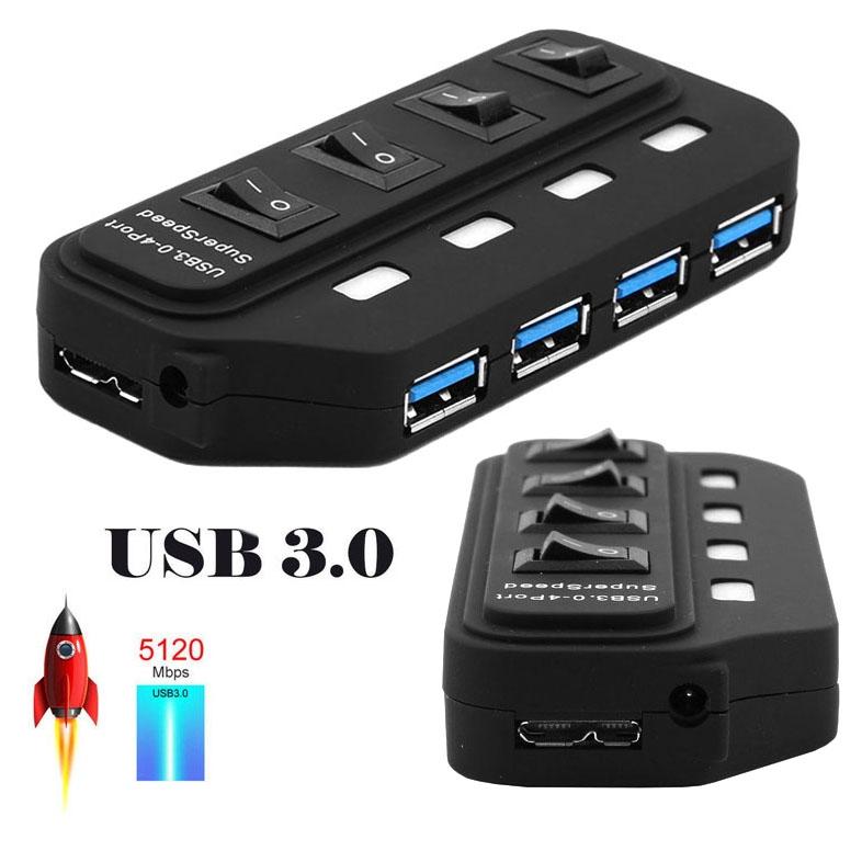 4-Port Usb 3.0 Hub With Individual Switches Black