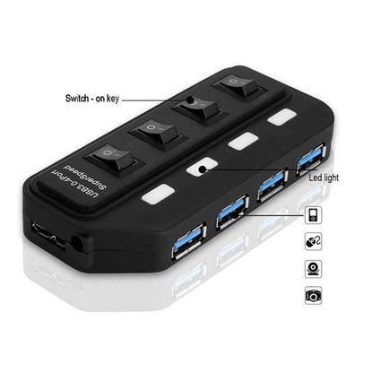 4-Port Usb 3.0 Hub With Individual Switches Black