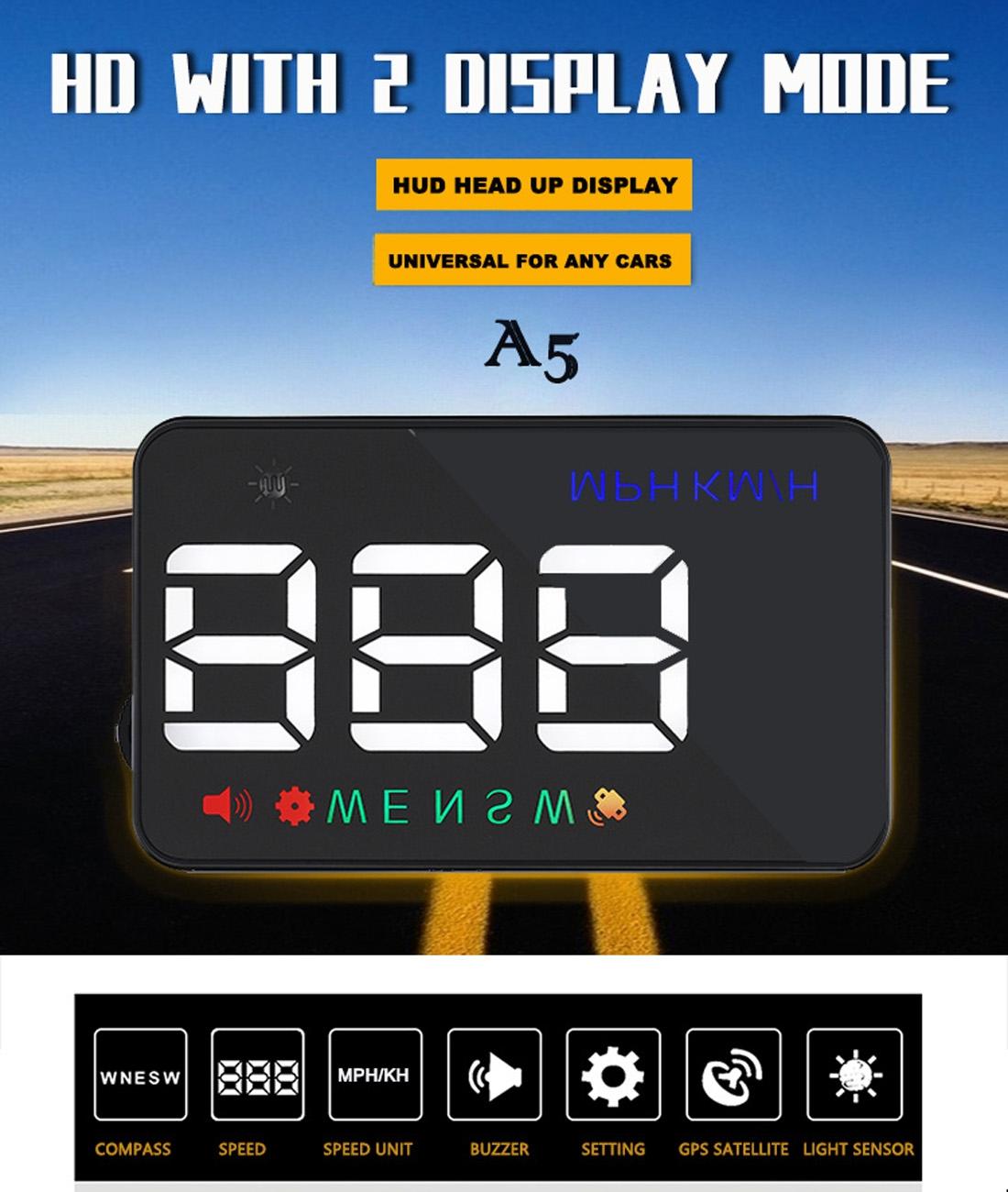 3.5 Inch Car Hud With Gps 2 Display Modes Light Sensors Speed & Compass Speed Alarm - Black