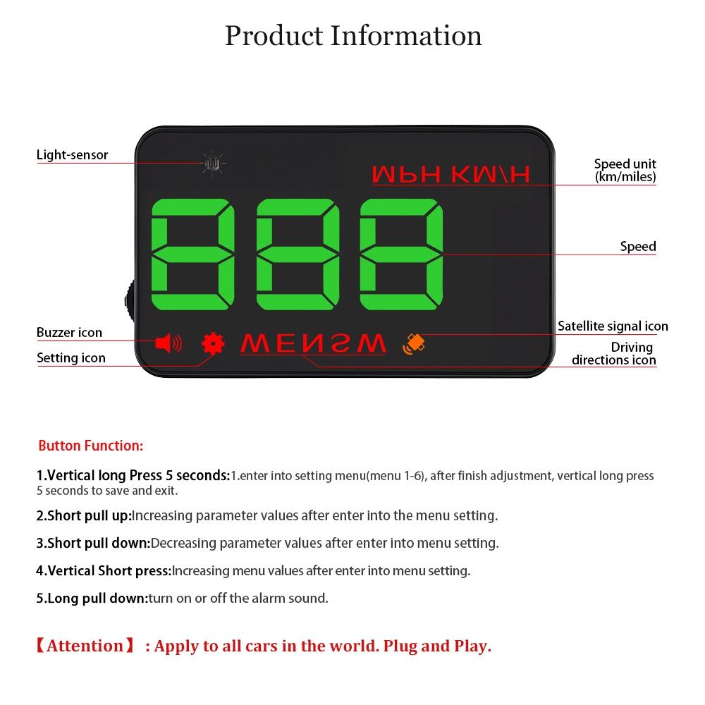 3.5 Inch Car Hud With Gps 2 Display Modes Light Sensors Speed & Compass Speed Alarm - Green Light
