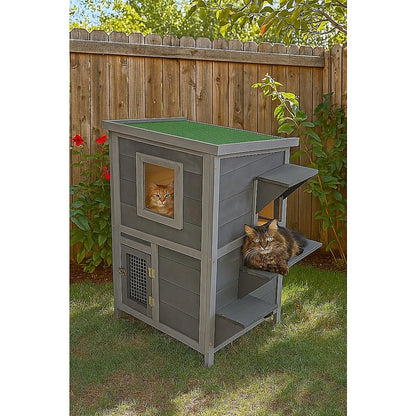 Cat House Weatherproof 2-Story Indoor Outdoor Wooden Shelter Bitumen Roof