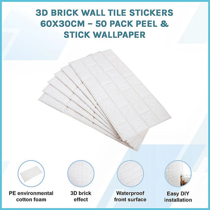 3D Brick Wall Tile Stickers 60x30cm – 50 Pack Peel & Stick Wallpaper