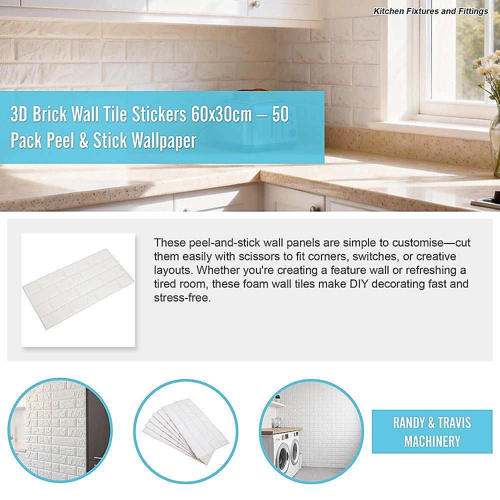 3D Brick Wall Tile Stickers 60x30cm – 50 Pack Peel & Stick Wallpaper