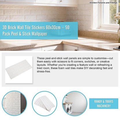 3D Brick Wall Tile Stickers 60x30cm – 50 Pack Peel & Stick Wallpaper