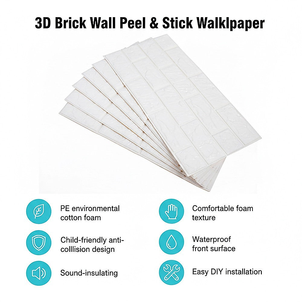 3D Brick Wall Tile Stickers 60x30cm – 50 Pack Peel & Stick Wallpaper