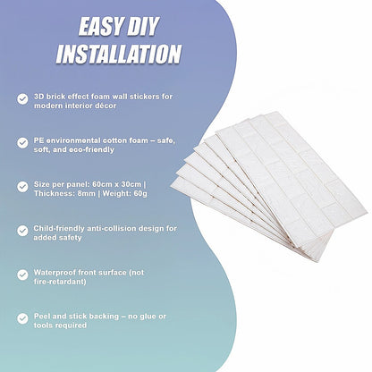 3D Brick Wall Tile Stickers 60x30cm – 50 Pack Peel & Stick Wallpaper