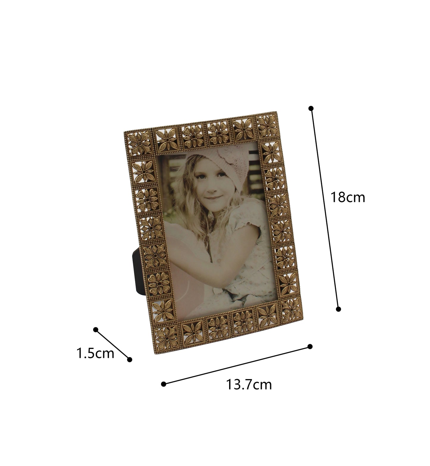 Antique Gold Metal Photoframe w Flower Squares 18cm