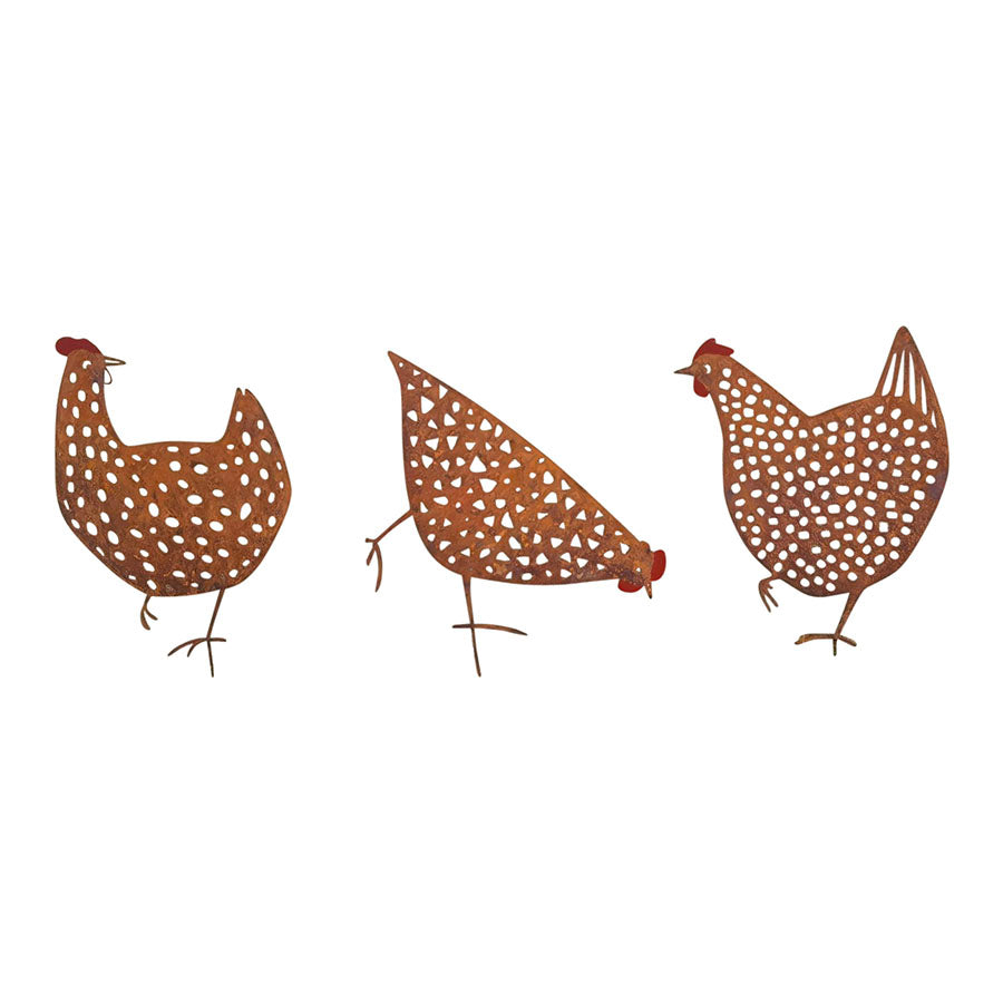 Set 3 Asst Rust Chook Family Garden Stakes 35cm
