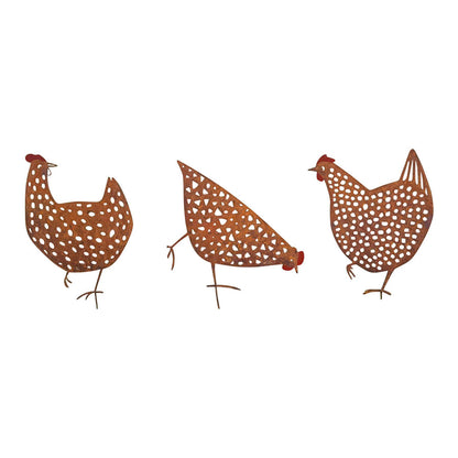 Set 3 Asst Rust Chook Family Garden Stakes 35cm
