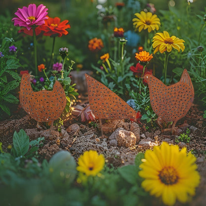 Set 3 Asst Rust Chook Family Garden Stakes 35cm