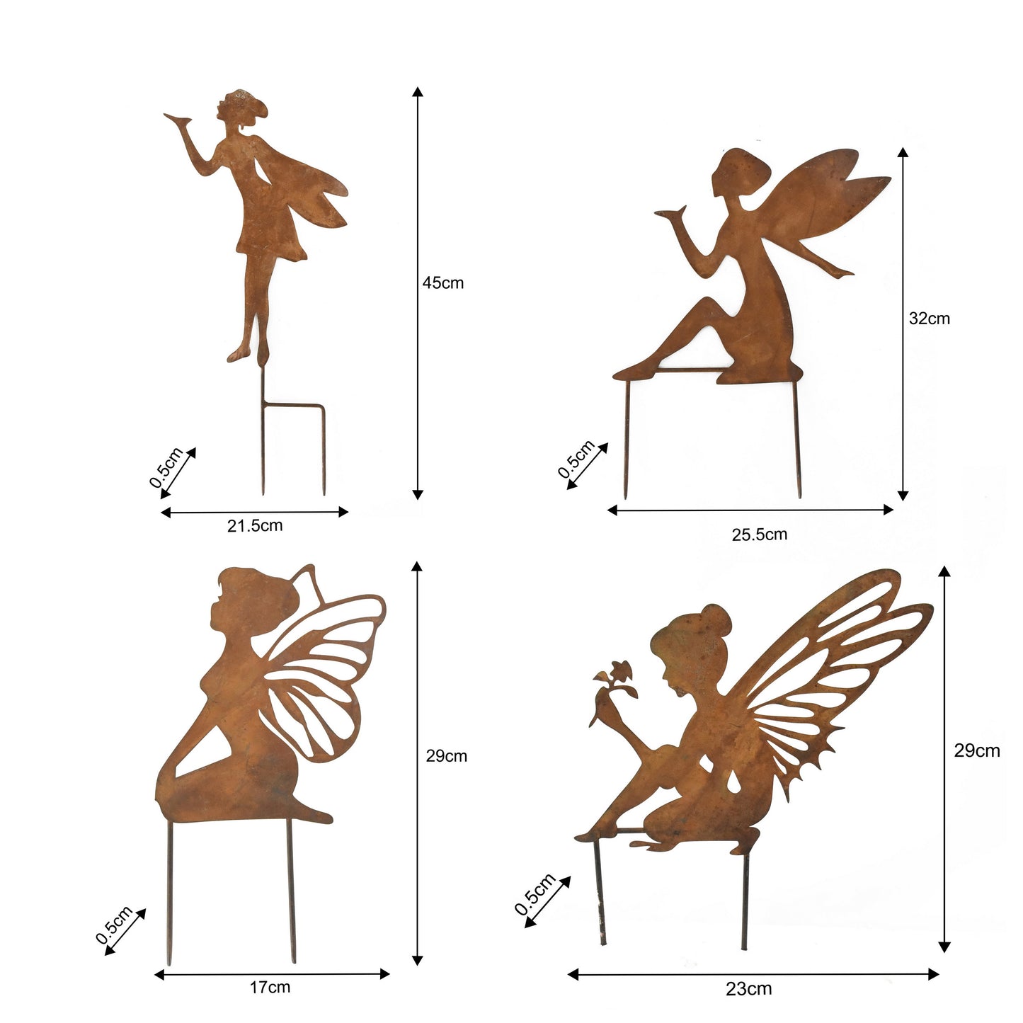 Set 4 Asst Fairy Garden Stakes 45cm, 32cm, 29cm, 29cm