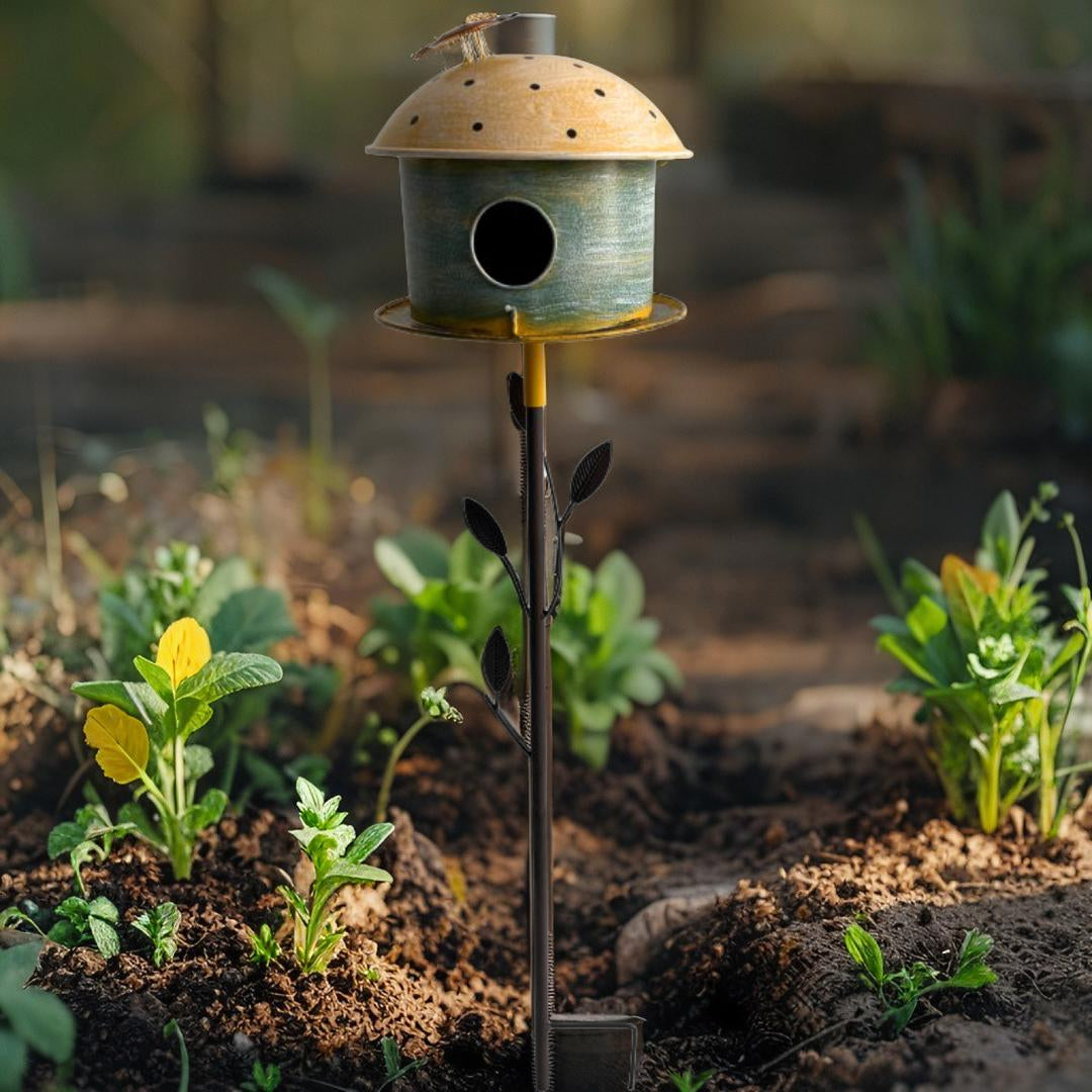 Birdhouse w Leaf on Leafy Garden Stake 42cm
