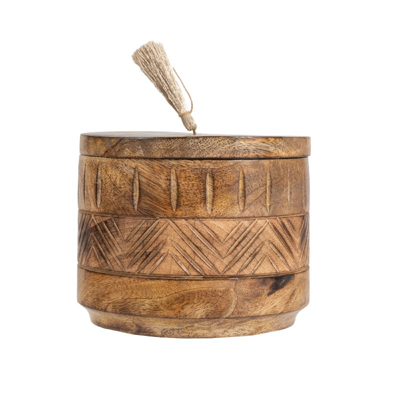 Handcrafted Round Box w Aztec Carving 15cm