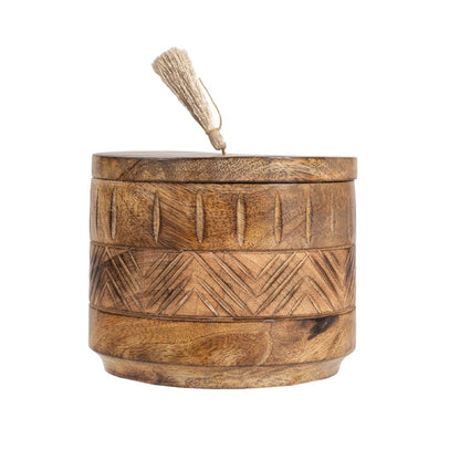 Handcrafted Round Box w Aztec Carving 15cm