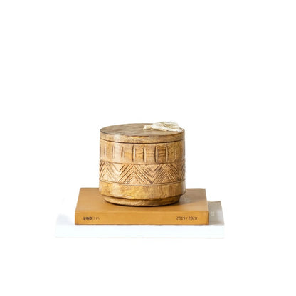 Handcrafted Round Box w Aztec Carving 15cm