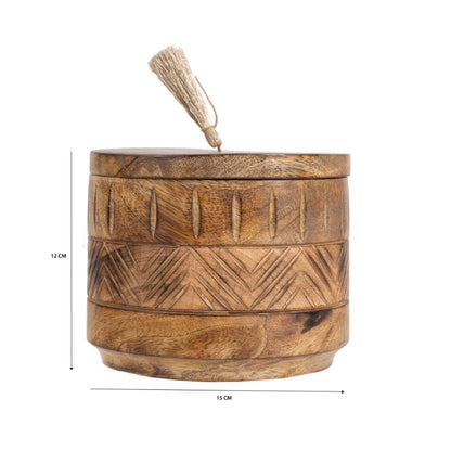 Handcrafted Round Box w Aztec Carving 15cm