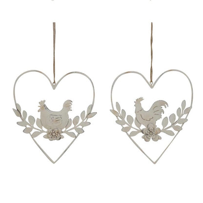 Set 2 Hanging Hearts w Rooster & Chook 17cm