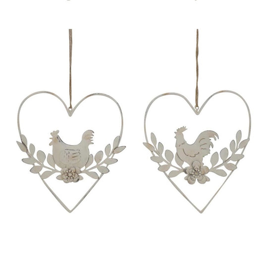 Set 2 Hanging Hearts w Rooster & Chook 17cm