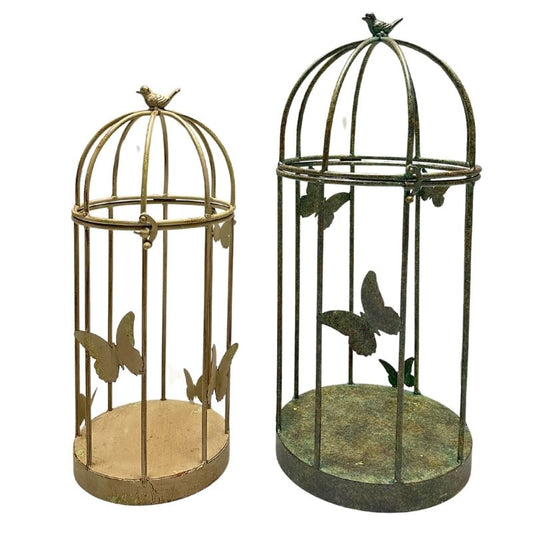 Set 2 Nested Distressed Finish Plant Cages w Butterflies 79cm, 69cm
