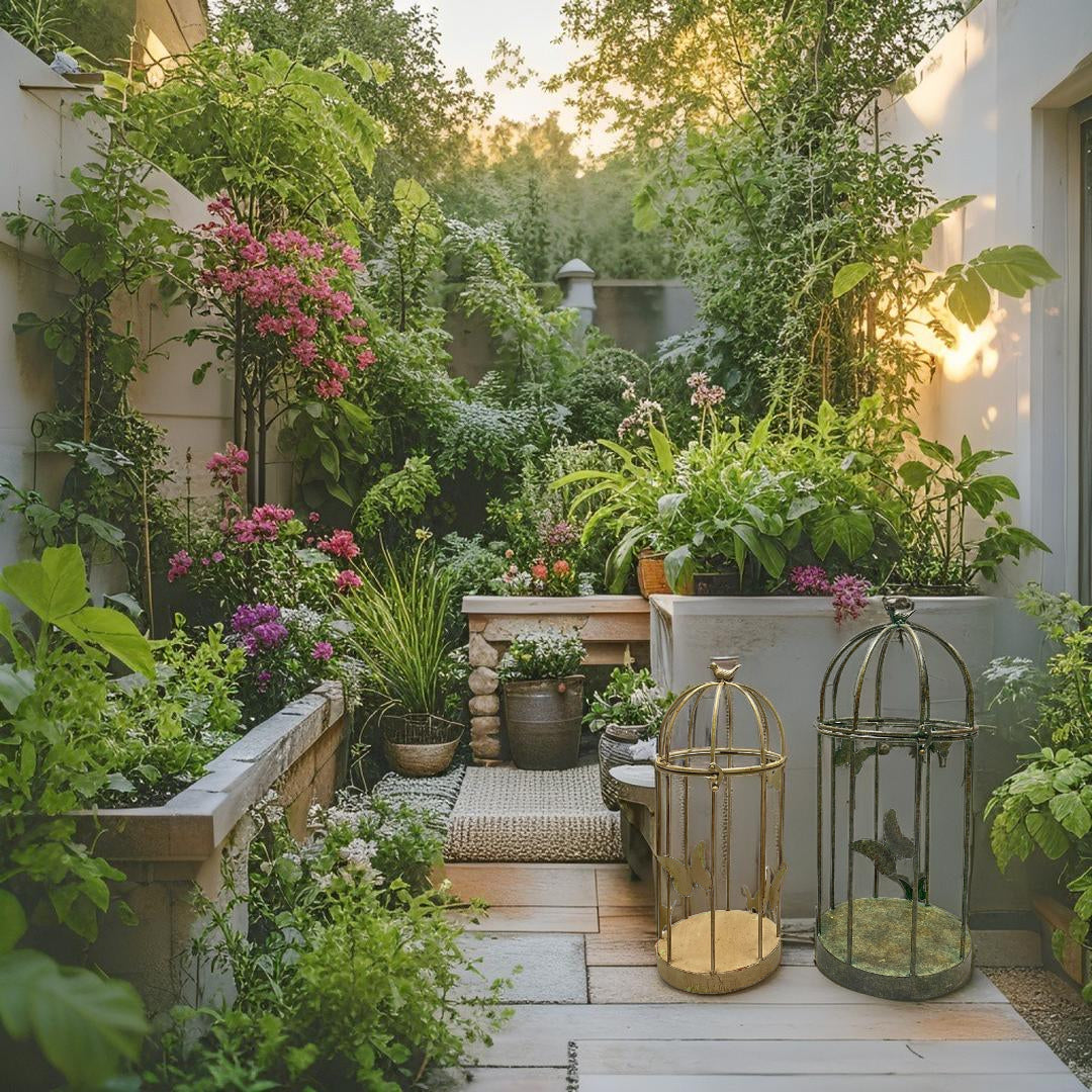 Set 2 Nested Distressed Finish Plant Cages w Butterflies 79cm, 69cm