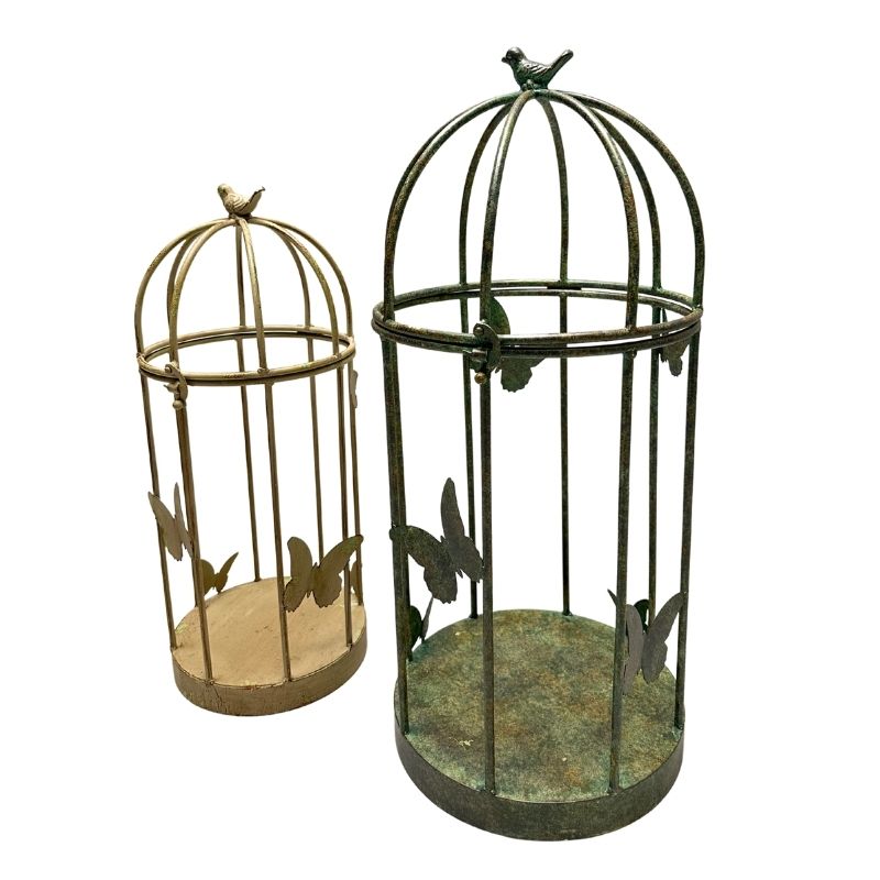 Set 2 Nested Distressed Finish Plant Cages w Butterflies 79cm, 69cm