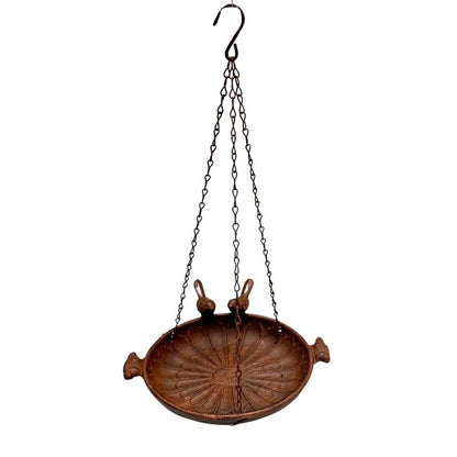Hanging Cast-Iron Rust Birdfeeder w 2 Birds 41cm