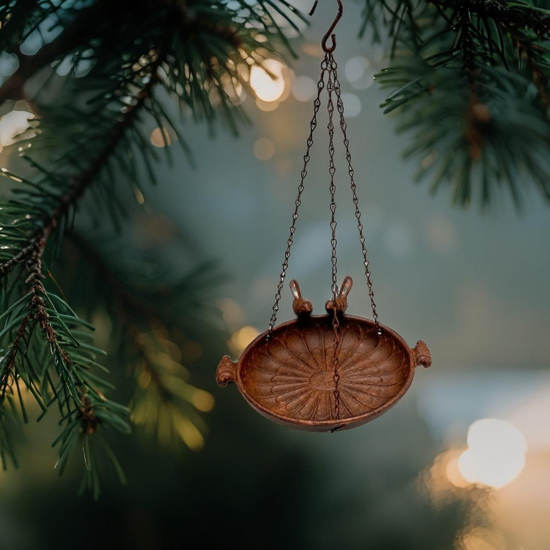 Hanging Cast-Iron Rust Birdfeeder w 2 Birds 41cm