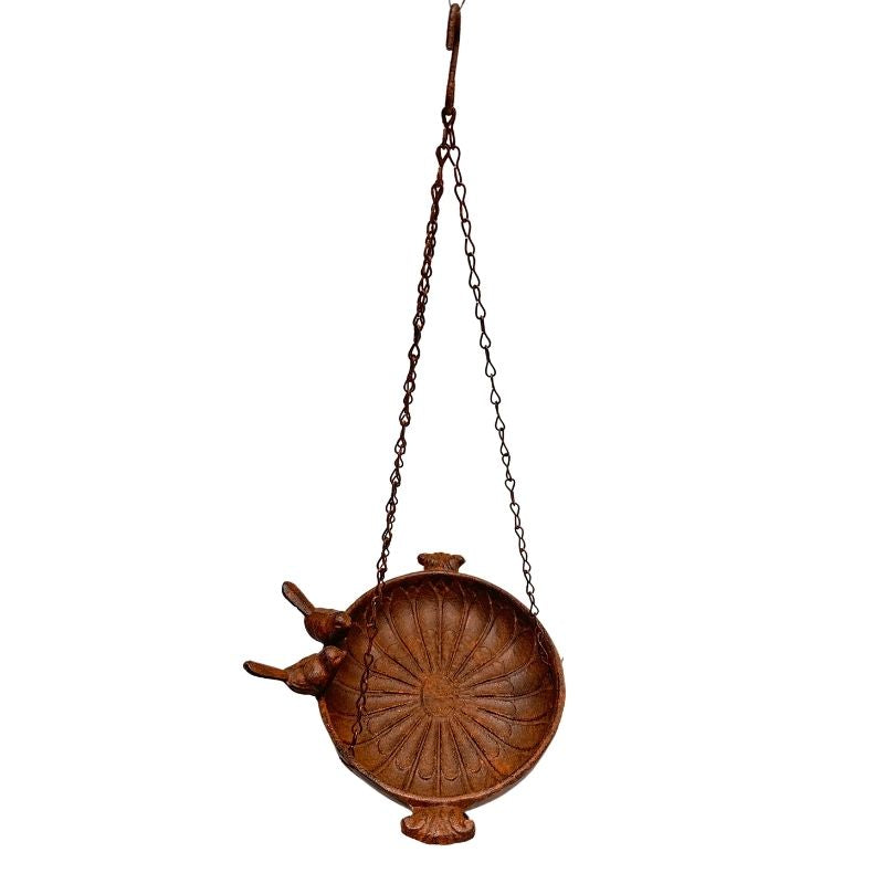 Hanging Cast-Iron Rust Birdfeeder w 2 Birds 41cm
