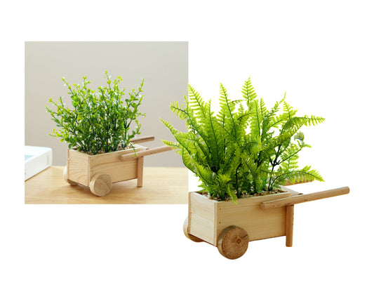 Set 2 Artificial Greenery in Timber Cart 17x23cm