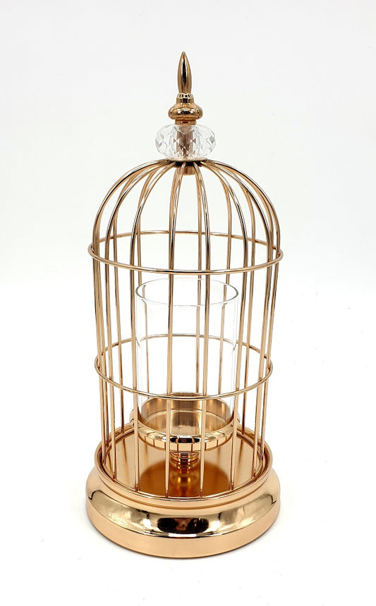 Bird Cage W Diamond Top And Glass Candle Holder 17x36cm