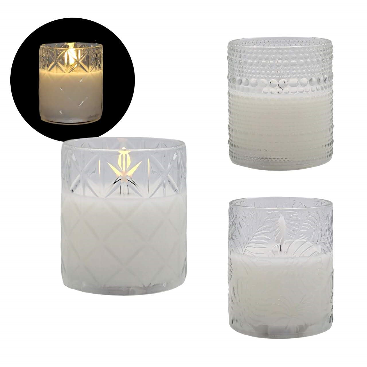 bulk 12 Patterned Glass Jar Led Candle Assort 10cm