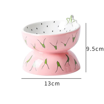Ceramic Elevated Pet Food Bowl - Cute Pitaya Pattern Design for Cats and Small Dogs