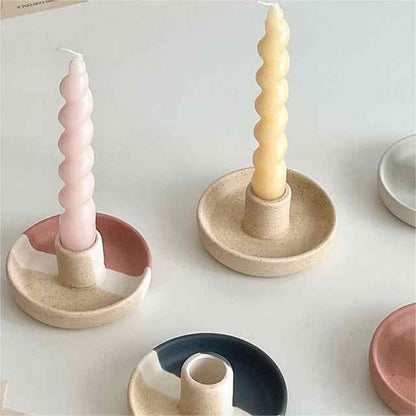 2 Pcs Light Yellow Straight Bottom Nordic Ceramic Candle Holder with Jewelry Dish - Elegant Minimalist Home Decor Piece