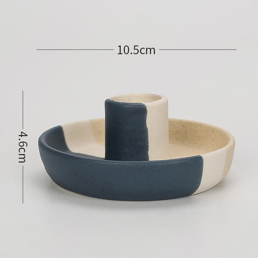 2 Pcs Blue, White And Yellow Stitching Oval Bottom Nordic Ceramic Candle Holder with Jewelry Dish - Elegant Minimalist Home Decor Piece