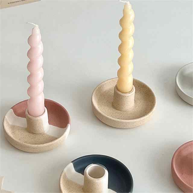 2 Pcs Yellow, White And Orange Stitching Straight Bottom Nordic Ceramic Candle Holder with Jewelry Dish - Elegant Minimalist Home Decor Piece