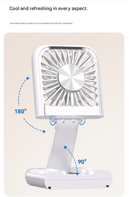 White Portable Cooling Fan with Neck Lanyard & Phone Stand - USB Rechargeable