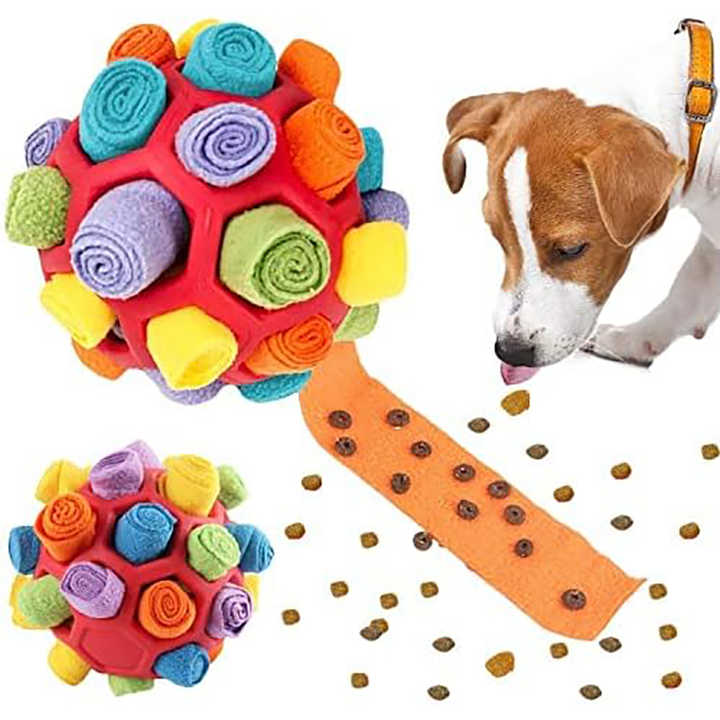 Yellow Ball And Colorful Strips Of Fabric Interactive Pet Snuffle Ball - Treat-Dispensing Toy for Dogs and Cats, 20 cm TPR and Felt Fabric for Mental Stimulation