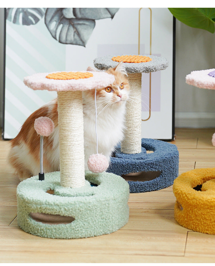Yellow And Pink Sunflower Cat Scratching Post - 35cm Sisal Cat Tree with Plush Toys for Small Cats