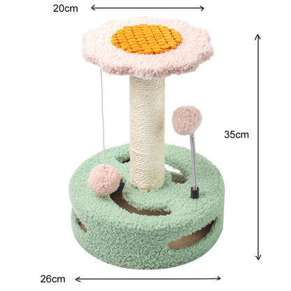 Green And Pink Sunflower Cat Scratching Post - 35cm Sisal Cat Tree with Plush Toys for Small Cats