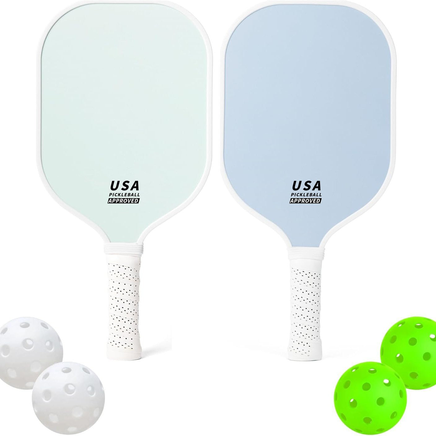 Light Green Fiberglass Pickleball Paddle Set - 2 Minimalist Paddles, 4 Balls, and Carry Bag for Outdoor Play