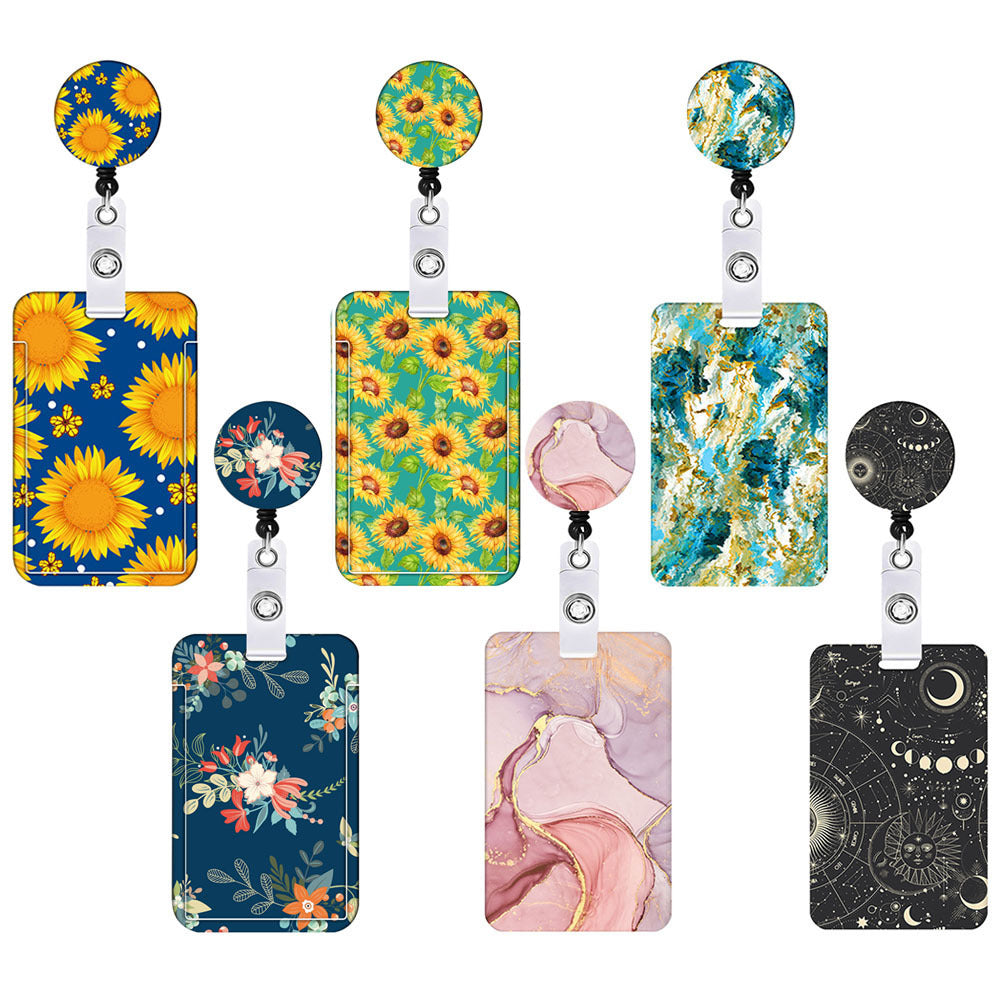 2 Pcs Yellow and Blue Sunflower Patterns Retractable Badge Reel & ID Card Holder Set with Lanyard - Durable ABS Plastic