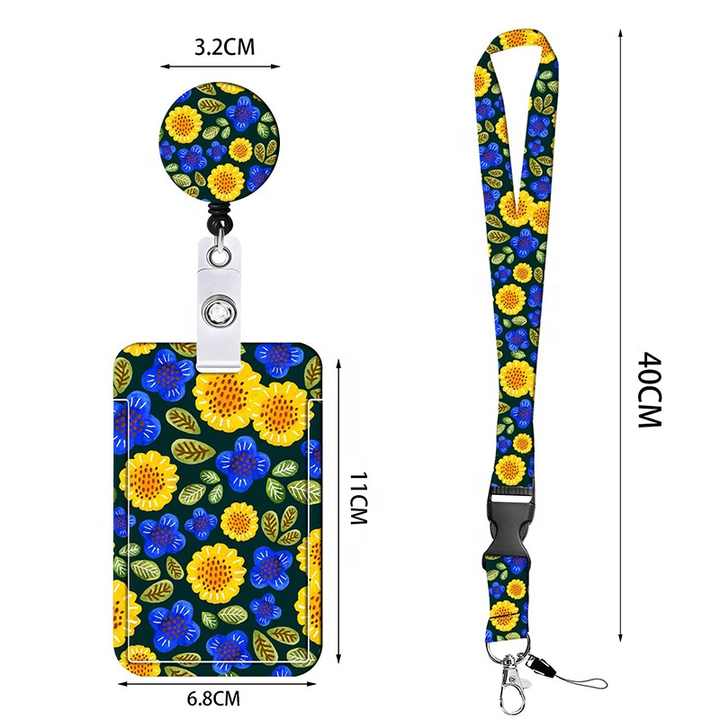 2 Pcs Yellow and Blue Sunflower Patterns Retractable Badge Reel & ID Card Holder Set with Lanyard - Durable ABS Plastic