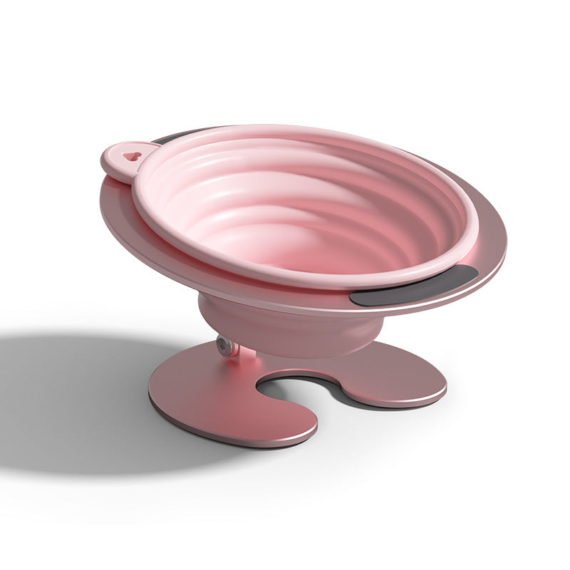 Pink Foldable Elevated Pet Bowl Set - Tilted Ergonomic Cat Feeder with Aluminum Stand & Silicone Bowl