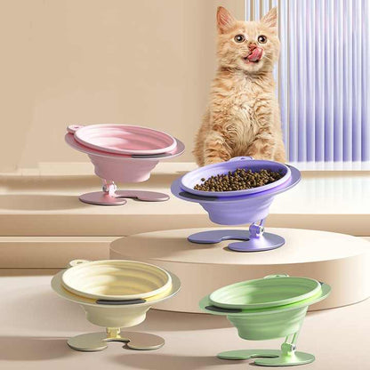 Yellow Foldable Elevated Pet Bowl Set - Tilted Ergonomic Cat Feeder with Aluminum Stand & Silicone Bowl